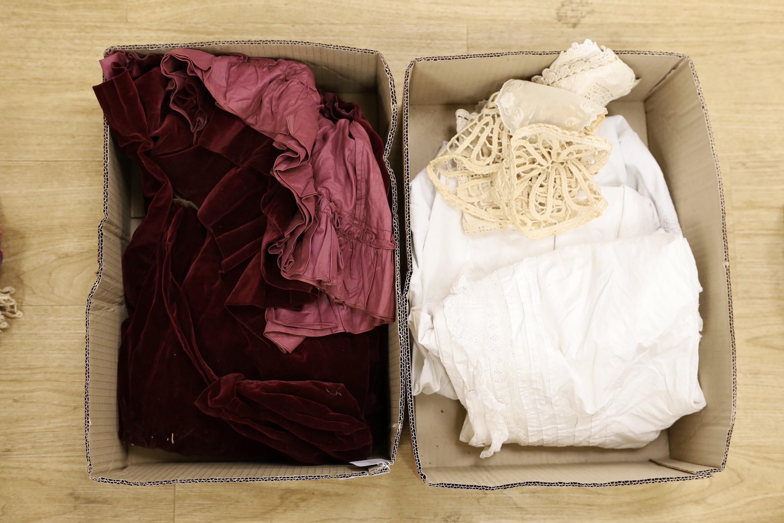 Two 19th century ladies blouses/jackets, a velvet two piece, a white worked chemise and nightdress